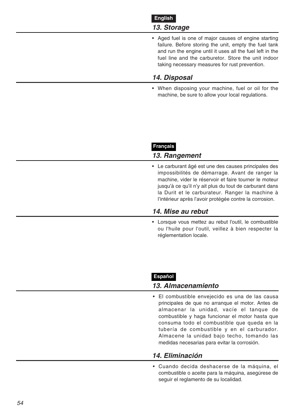 Storage 13. rangement 13. almacenamiento, Disposal 14. mise au rebut 14. eliminación | Zenoah G3200EZ User Manual | Page 54 / 64
