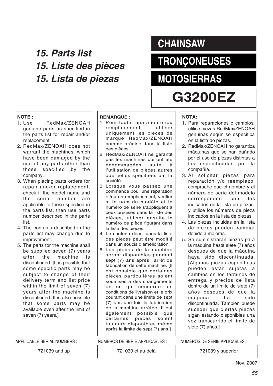G3200ez, Chainsaw tronçoneuses motosierras | Zenoah G3200EZ User Manual | Page 55 / 64
