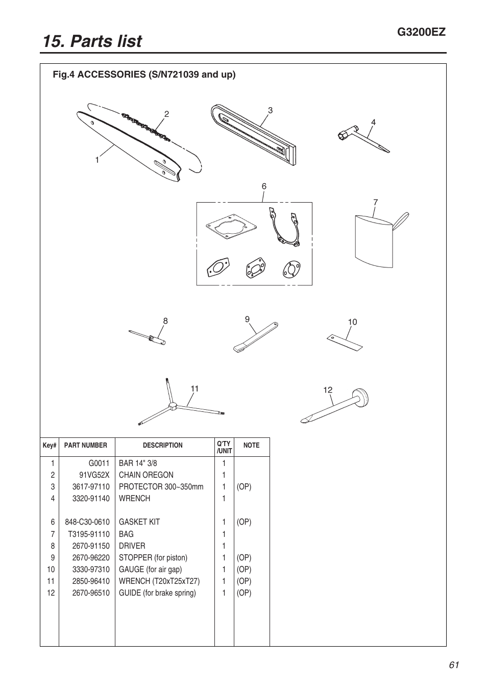 Parts list, G3200ez | Zenoah G3200EZ User Manual | Page 61 / 64