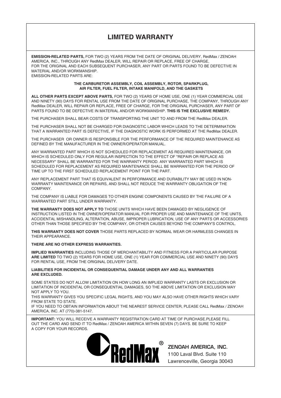 Limited warranty | Zenoah G3200EZ User Manual | Page 62 / 64