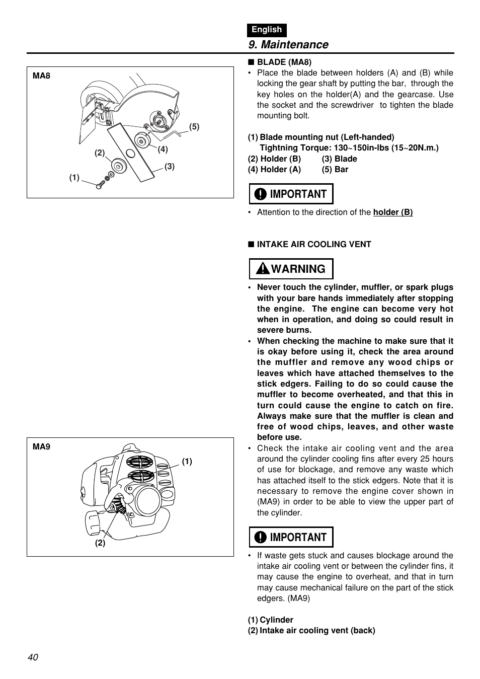 Maintenance, Important warning important | Zenoah HE250F User Manual | Page 40 / 52