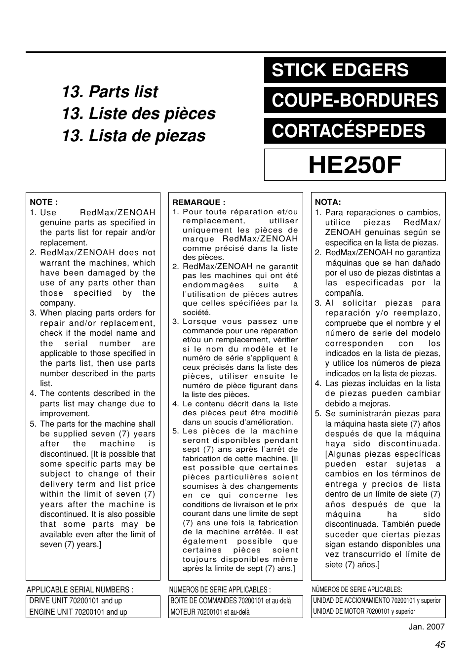 He250f, Coupe-bordures cortacéspedes, Stick edgers | Zenoah HE250F User Manual | Page 45 / 52