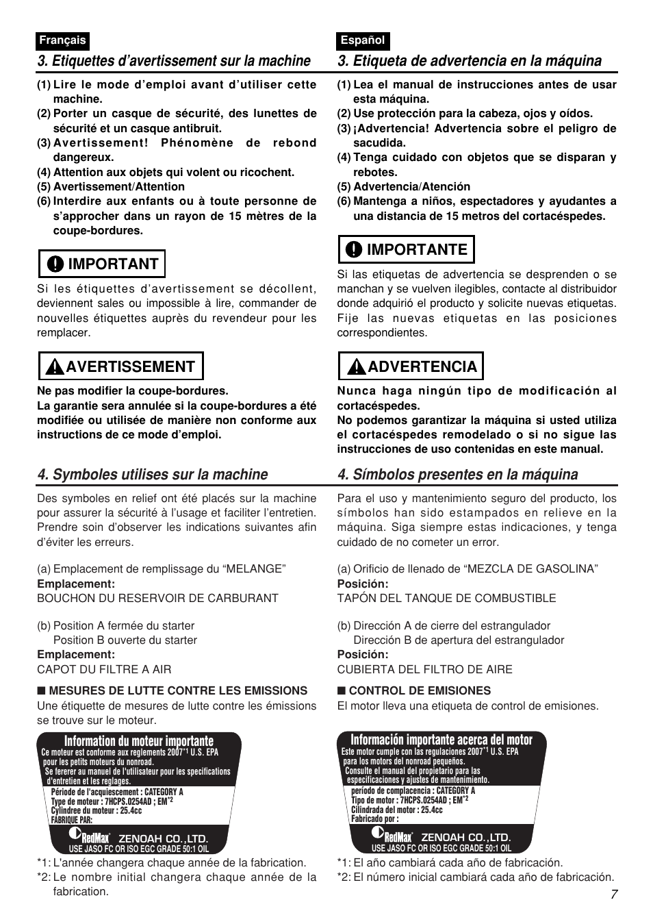 Avertissement important, Advertencia importante, Information du moteur importante | Información importante acerca del motor | Zenoah HE250F User Manual | Page 7 / 52