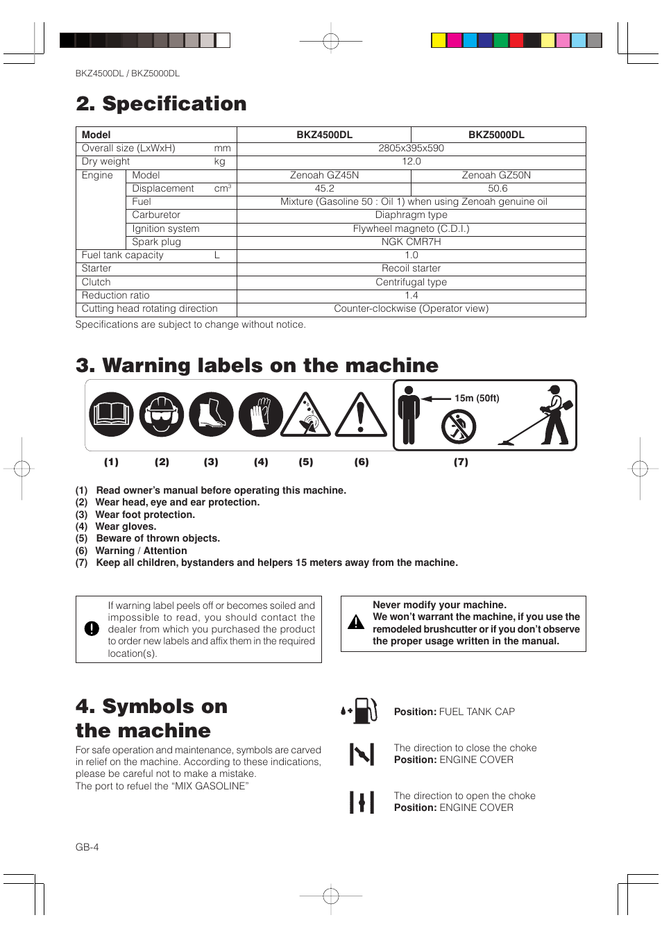 Specification 4. symbols on the machine, Warning labels on the machine | Zenoah BKZ5000DL User Manual | Page 4 / 16