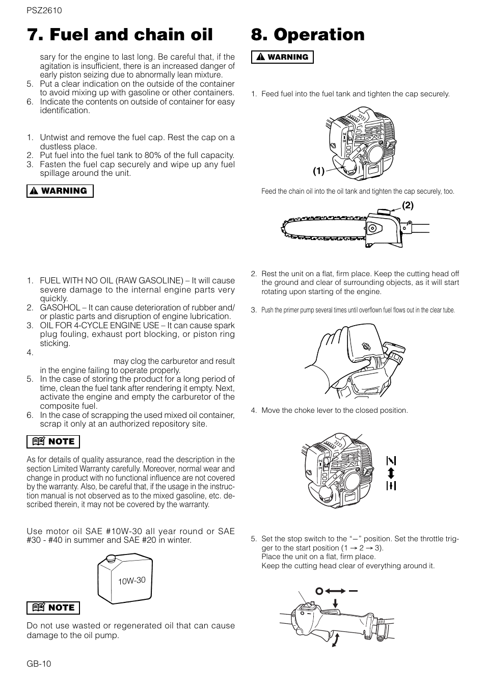 Fuel and chain oil 8. operation | Zenoah PSZ2610 User Manual | Page 10 / 16