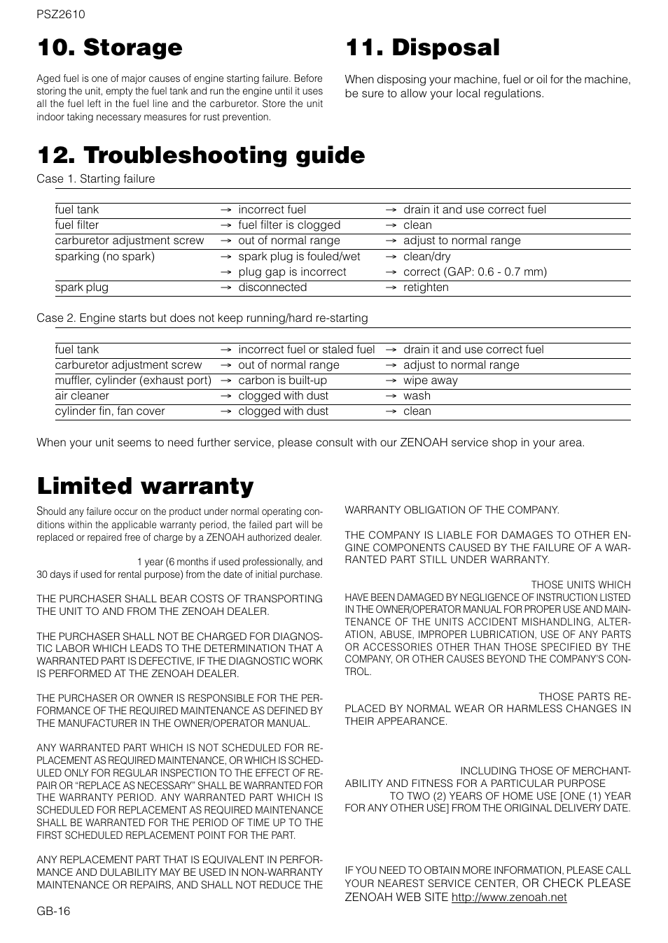 Troubleshooting guide, Disposal, Storage limited warranty | Zenoah PSZ2610 User Manual | Page 16 / 16