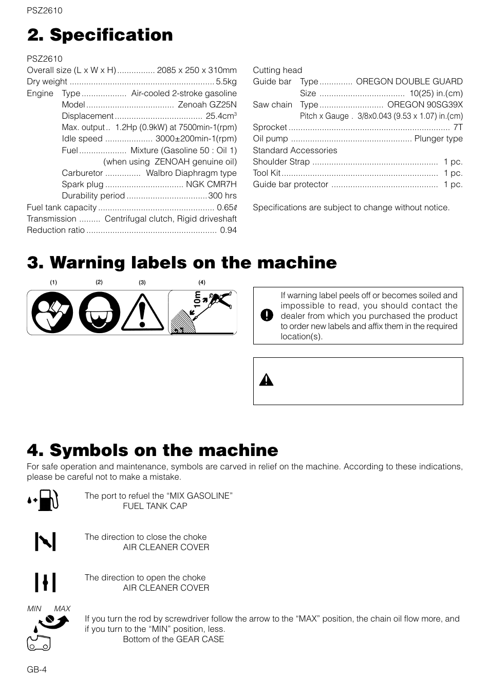 Specification, Warning labels on the machine, Symbols on the machine | Zenoah PSZ2610 User Manual | Page 4 / 16