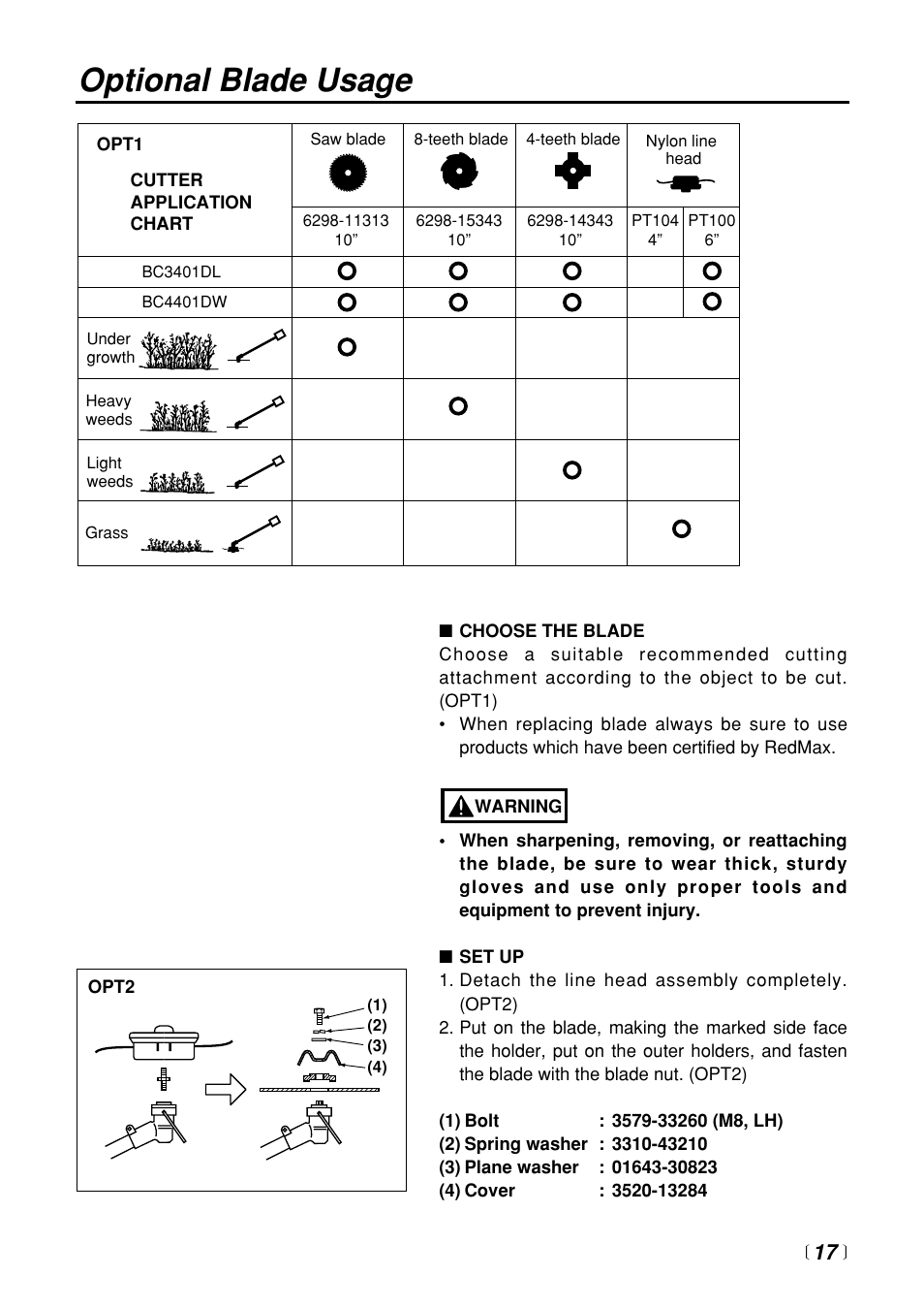 Optional blade usage | Zenoah BC3401DL User Manual | Page 17 / 36