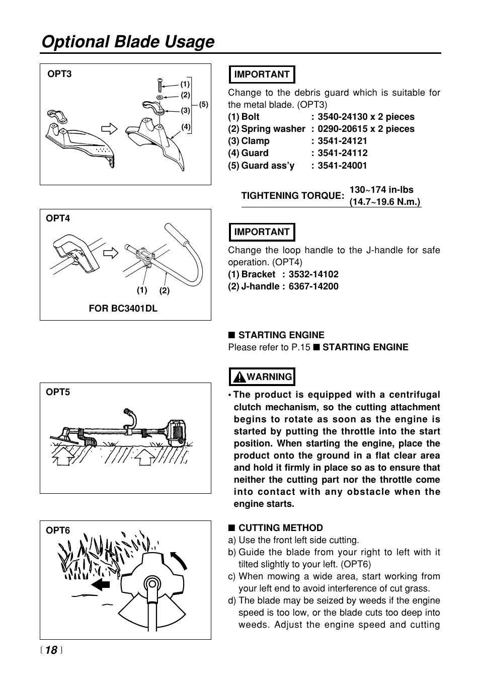 Optional blade usage | Zenoah BC3401DL User Manual | Page 18 / 36