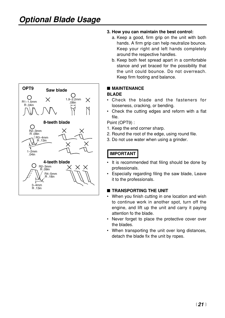 Optional blade usage | Zenoah BC3401DL User Manual | Page 21 / 36