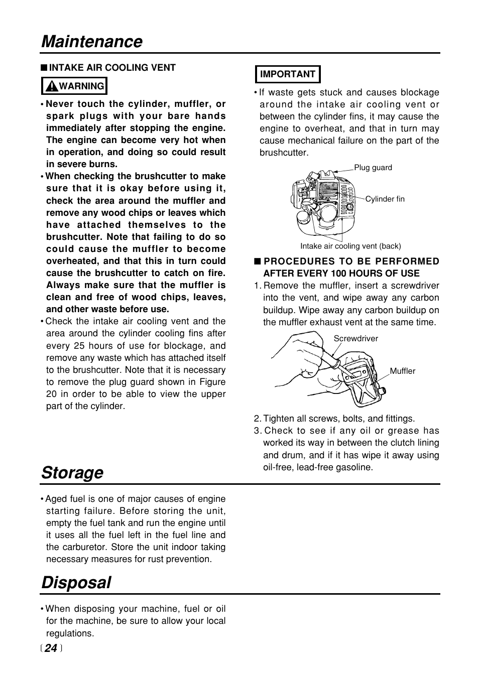 Storage, Disposal, Maintenance | Zenoah BC3401DL User Manual | Page 24 / 36