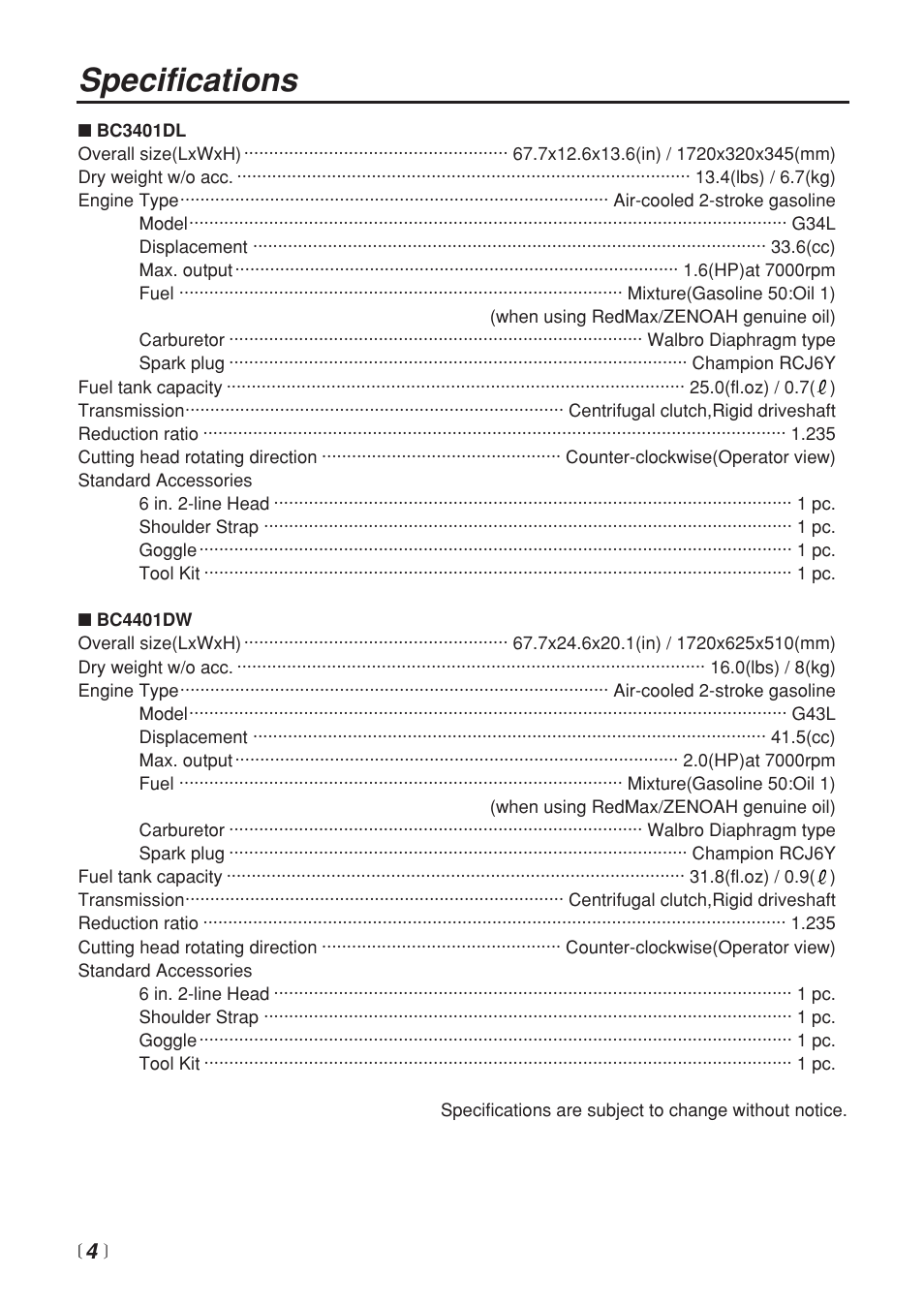 Specifications | Zenoah BC3401DL User Manual | Page 4 / 36