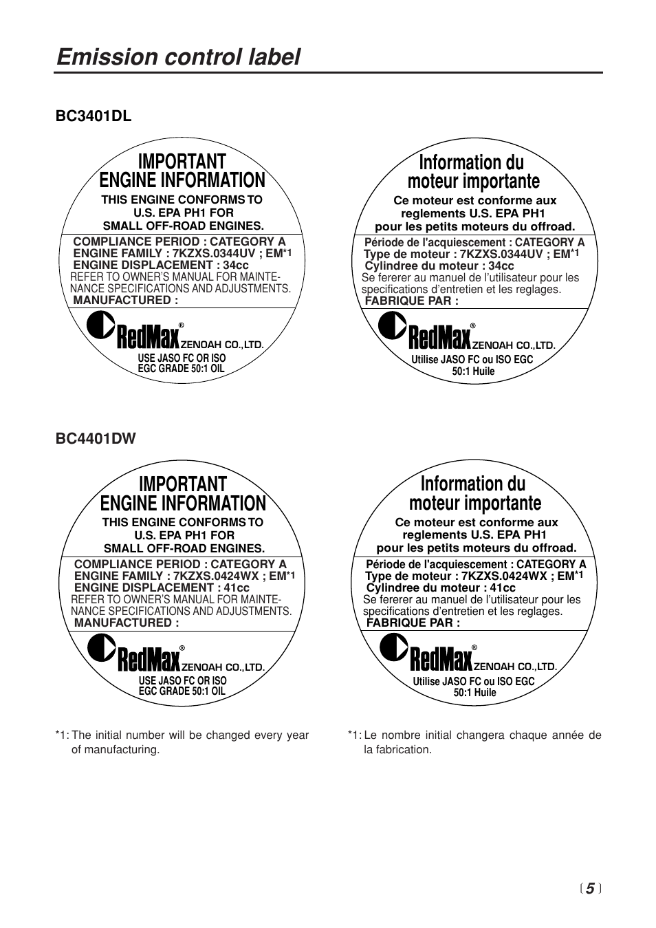 Emission control label, Important engine information, Information du moteur importante | Zenoah BC3401DL User Manual | Page 5 / 36