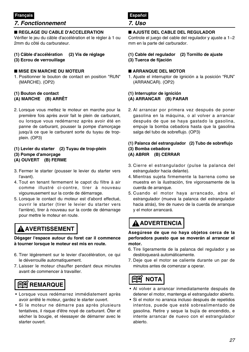 Fonctionnement 7. uso, Remarque avertissement, Nota advertencia | Zenoah EDG2300R User Manual | Page 27 / 48