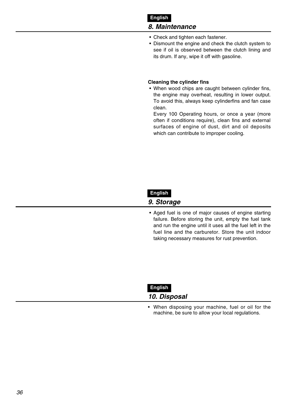 Maintenance, Storage, Disposal | Zenoah EDG2300R User Manual | Page 36 / 48