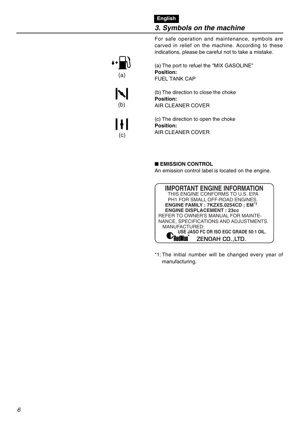 Important engine information, Symbols on the machine | Zenoah EDG2300R User Manual | Page 6 / 48