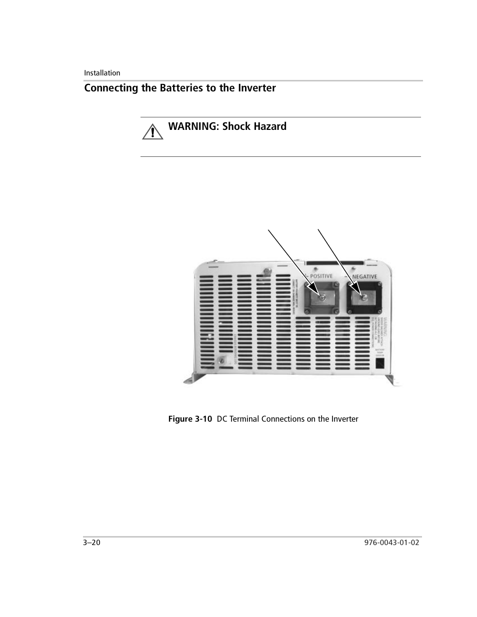 Connecting the batteries to the inverter, Connecting the batteries to the inverter –20, Figure 3-10 | Dc terminal connections on the inverter –20, Warning: shock hazard | Xantrex Technology SW Plus 4024 User Manual | Page 102 / 344