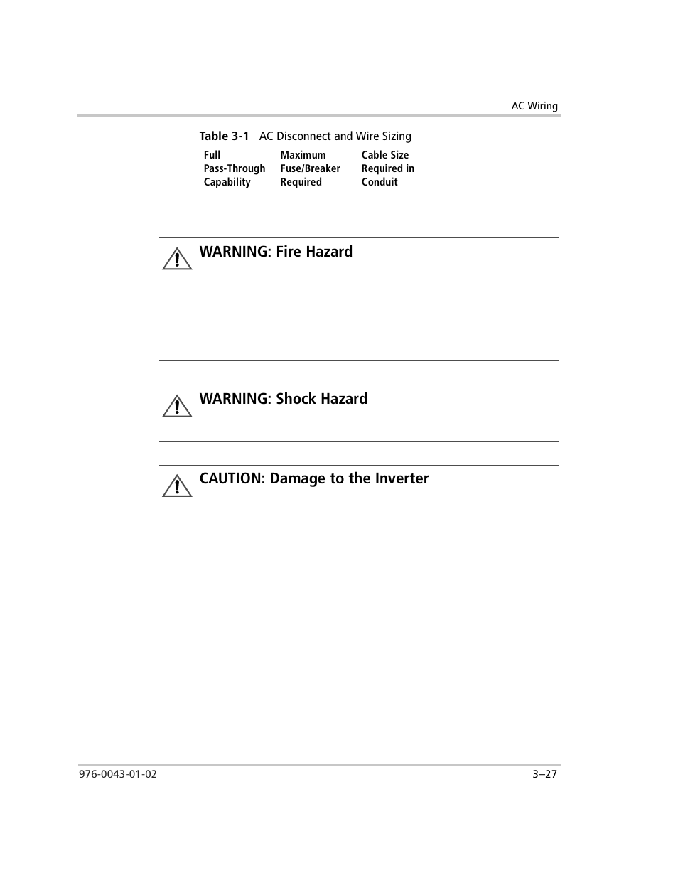 Table 3-1 ac disconnect and wire sizing, Caution : damage to the inverter, Table 3-1 | Ac disconnect and wire sizing –27, Warning: fire hazard, Warning: shock hazard, Caution: damage to the inverter | Xantrex Technology SW Plus 4024 User Manual | Page 109 / 344