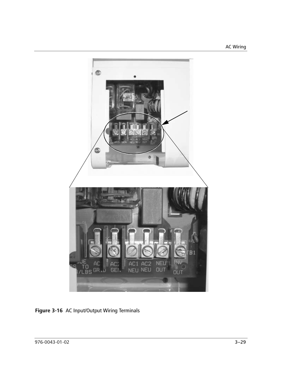 Figure 3-16 ac input/output wiring terminals, Figure 3-16, Ac input/output wiring terminals –29 | Xantrex Technology SW Plus 4024 User Manual | Page 111 / 344