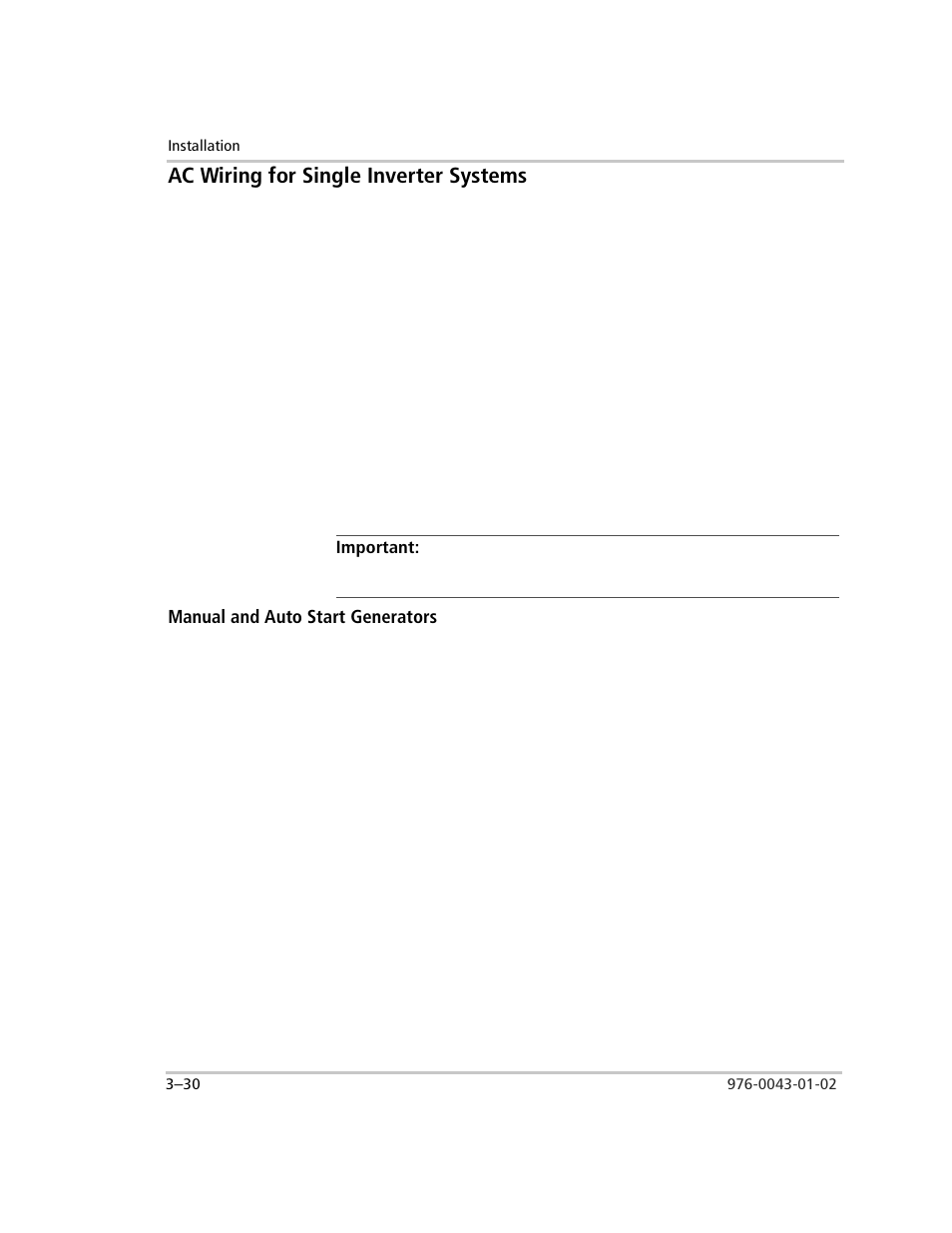 Ac wiring for single inverter systems, Important, Manual and auto start generators | Ac wiring for single inverter systems –30, Manual and auto start generators –30 | Xantrex Technology SW Plus 4024 User Manual | Page 112 / 344