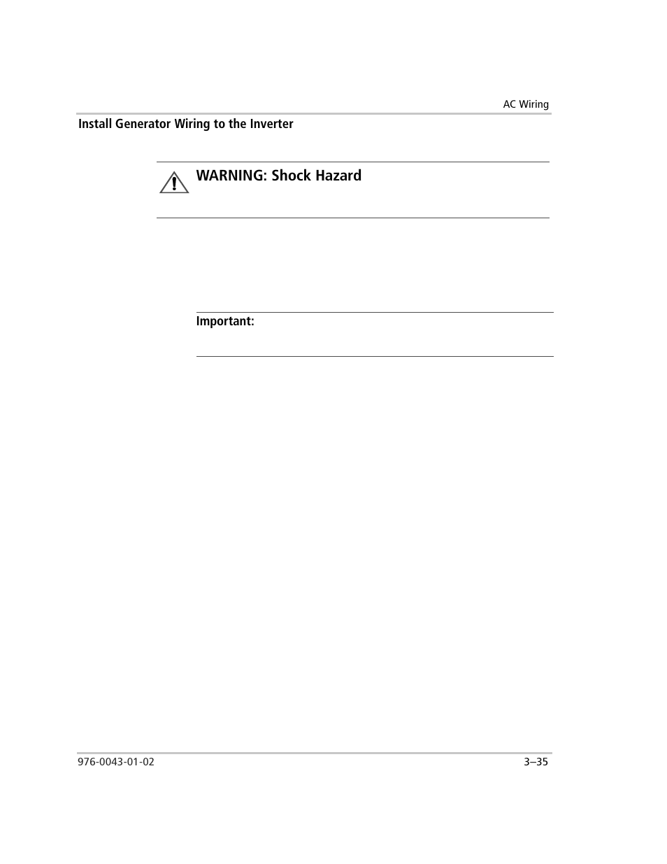 Install generator wiring to the inverter, Generator disconnect switch (if used), Important | To install a generator disconnect switch, Install generator wiring to the inverter –35, Warning: shock hazard | Xantrex Technology SW Plus 4024 User Manual | Page 117 / 344