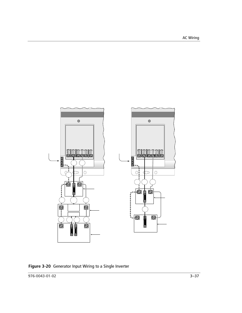 Connect hot (black) wires, Figure 3-20, Generator input wiring to a single inverter –37 | Figure 3-20, “generator input, Sine wave plus inverter/charger | Xantrex Technology SW Plus 4024 User Manual | Page 119 / 344