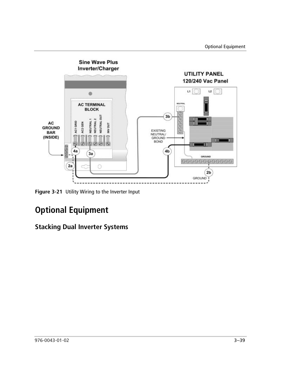Figure 3-21 utility wiring to the inverter input, Optional equipment, Stacking dual inverter systems | Optional equipment –39, Stacking dual inverter systems –39, Figure 3-21, Utility wiring to the inverter input –39 | Xantrex Technology SW Plus 4024 User Manual | Page 121 / 344