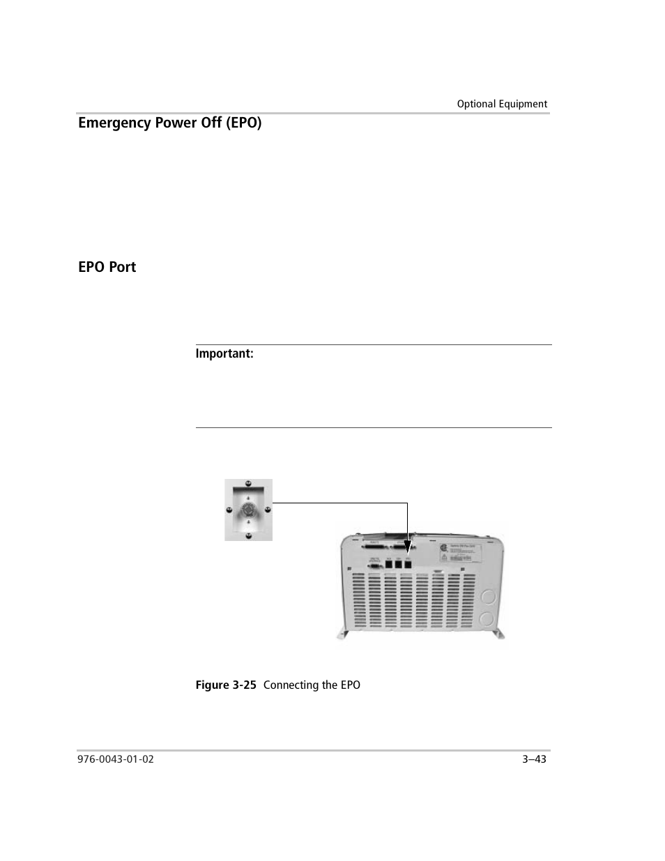 Emergency power off (epo), Epo port, Important | Figure 3-25 connecting the epo, Emergency power off (epo) –43 epo port –43, Figure 3-25, Connecting the epo –43 | Xantrex Technology SW Plus 4024 User Manual | Page 125 / 344