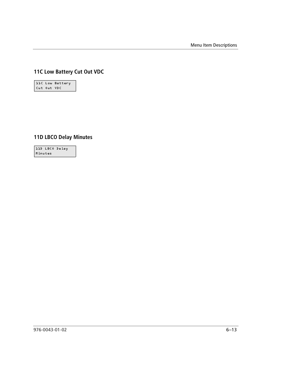11c low battery cut out vdc, 11d lbco delay minutes | Xantrex Technology SW Plus 4024 User Manual | Page 161 / 344
