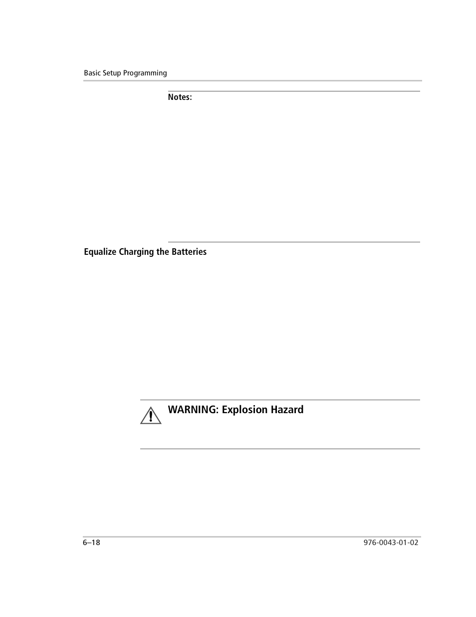 Equalize charging the batteries, Equalize charging the batteries –18, Warning: explosion hazard | Xantrex Technology SW Plus 4024 User Manual | Page 166 / 344