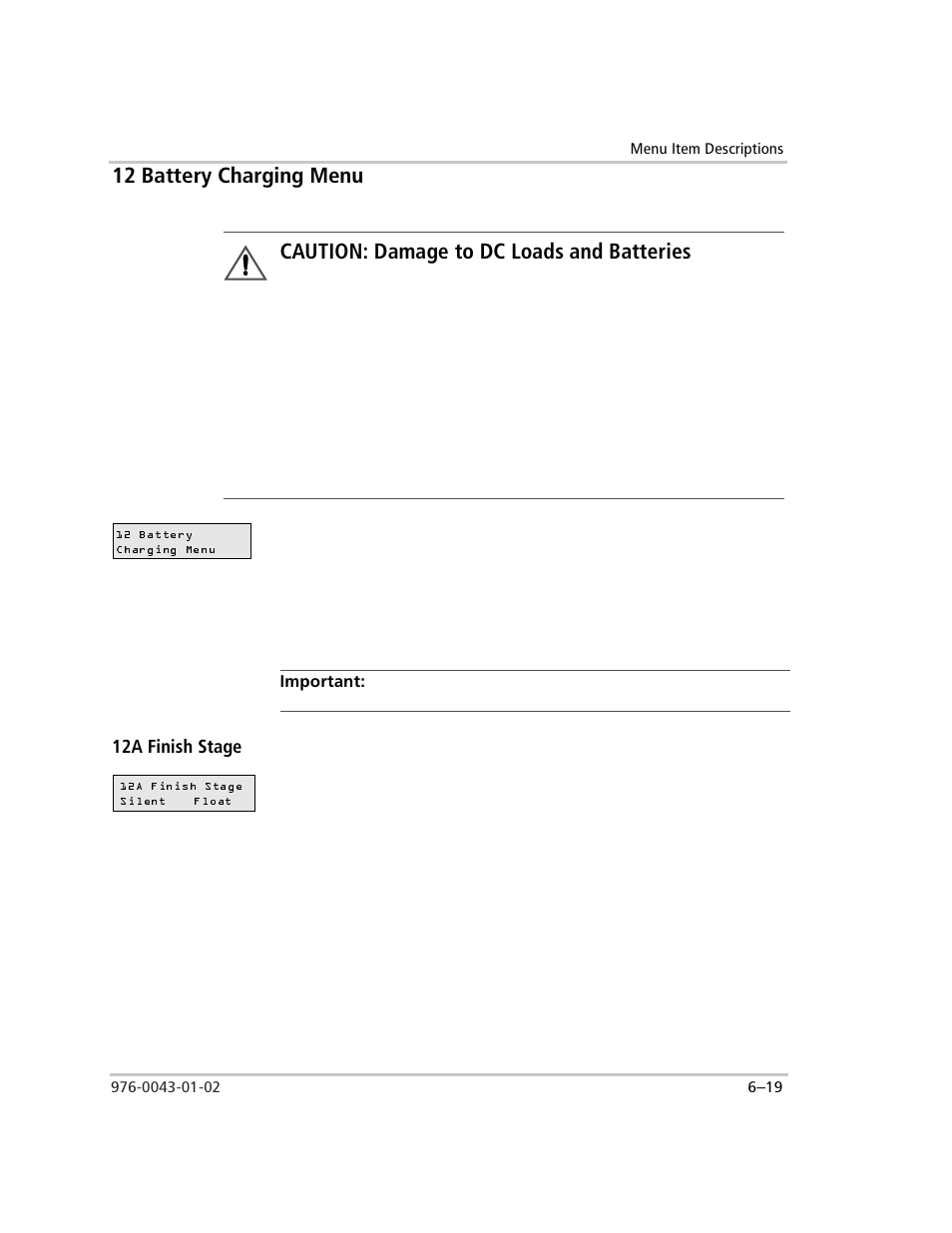12 battery charging menu, Important, 12a finish stage | 12 battery charging menu –19, 12a finish stage –19, Caution: damage to dc loads and batteries | Xantrex Technology SW Plus 4024 User Manual | Page 167 / 344
