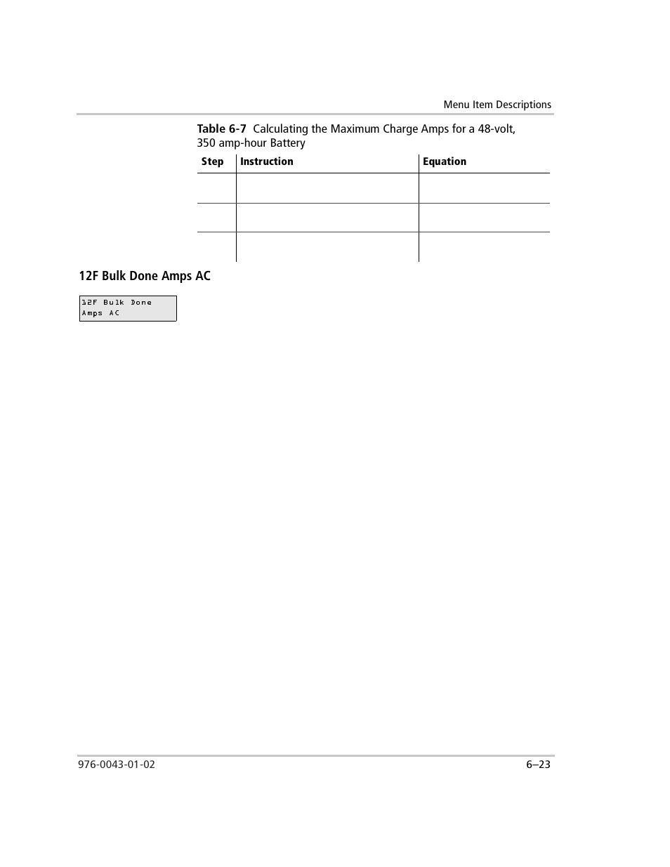12f bulk done amps ac, To calculate the 12f bulk done amps ac, 12f bulk done amps ac –23 | Table 6-7 | Xantrex Technology SW Plus 4024 User Manual | Page 171 / 344