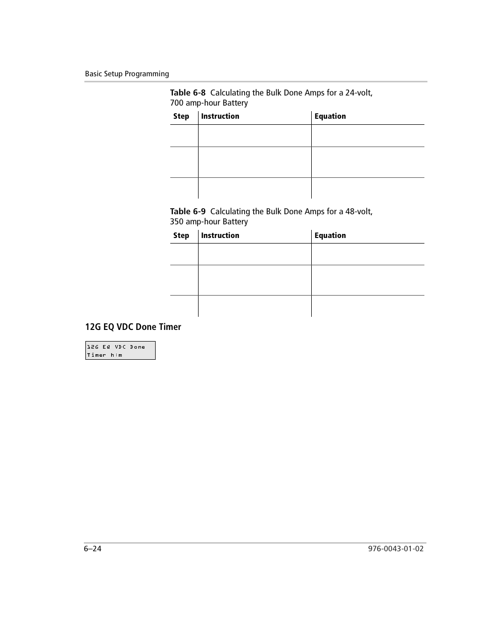 12g eq vdc done timer, 12g eq vdc done timer –24, Table 6-8 | Table 6-9 | Xantrex Technology SW Plus 4024 User Manual | Page 172 / 344