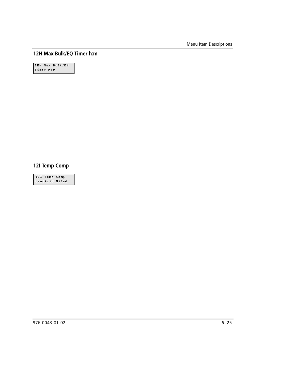 12h max bulk/eq timer h:m, 12i temp comp, 12h max bulk/eq timer h:m –25 12i temp comp –25 | Xantrex Technology SW Plus 4024 User Manual | Page 173 / 344
