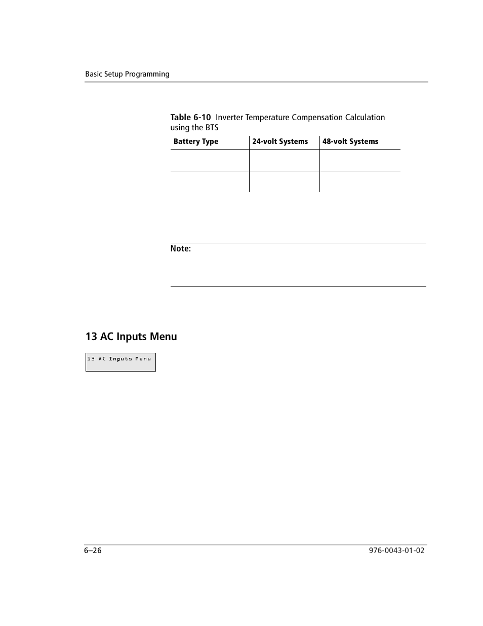 13 ac inputs menu, 13 ac inputs menu –26, Table 6-10 | Xantrex Technology SW Plus 4024 User Manual | Page 174 / 344