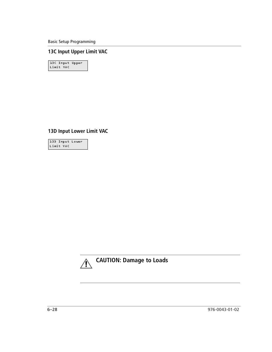 13c input upper limit vac, 13d input lower limit vac, Caution: damage to loads | Xantrex Technology SW Plus 4024 User Manual | Page 176 / 344