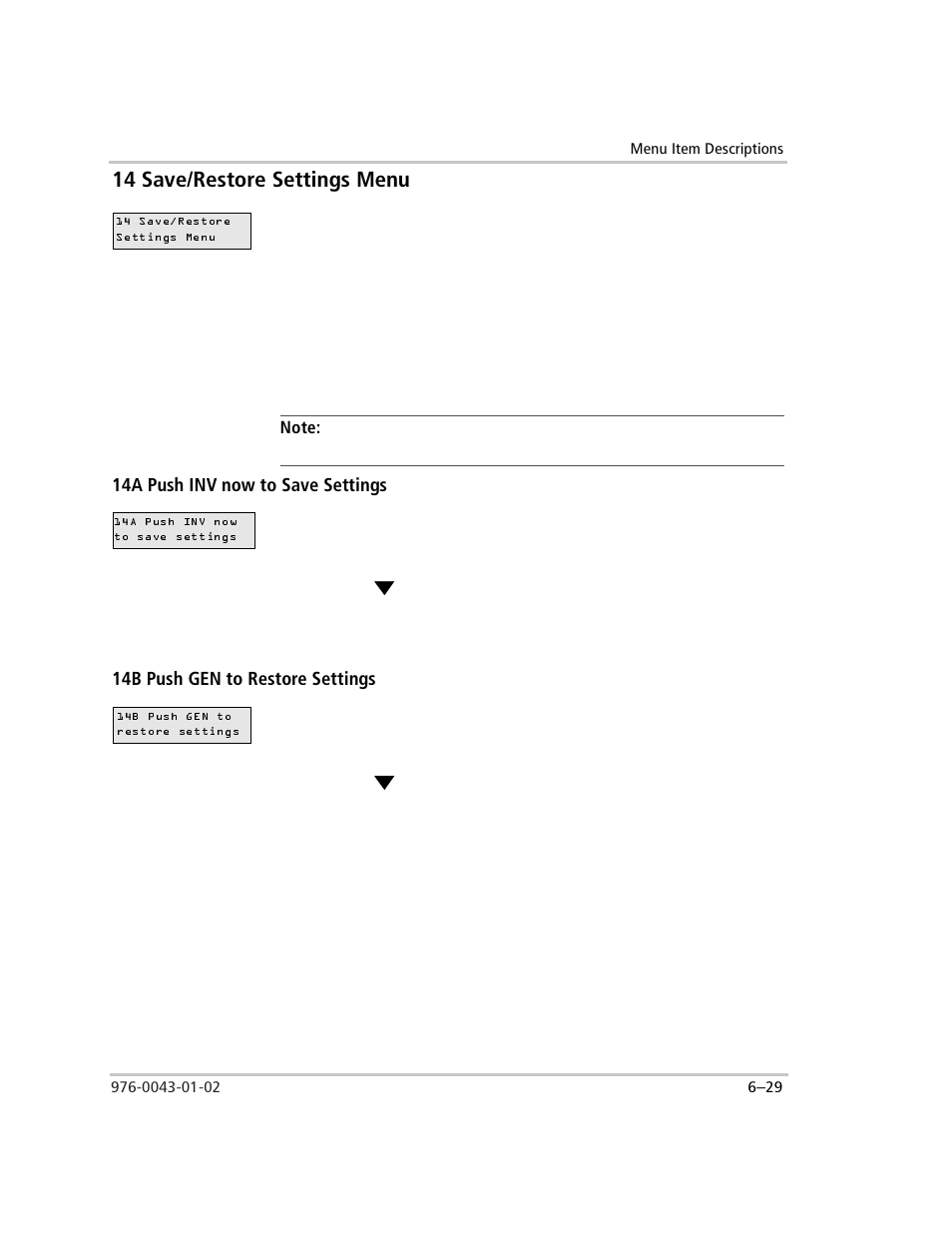 14 save/restore settings menu, 14a push inv now to save settings, To save settings | Press the red inv button to save the settings, 14b push gen to restore settings, 14 save/restore settings menu –29 | Xantrex Technology SW Plus 4024 User Manual | Page 177 / 344