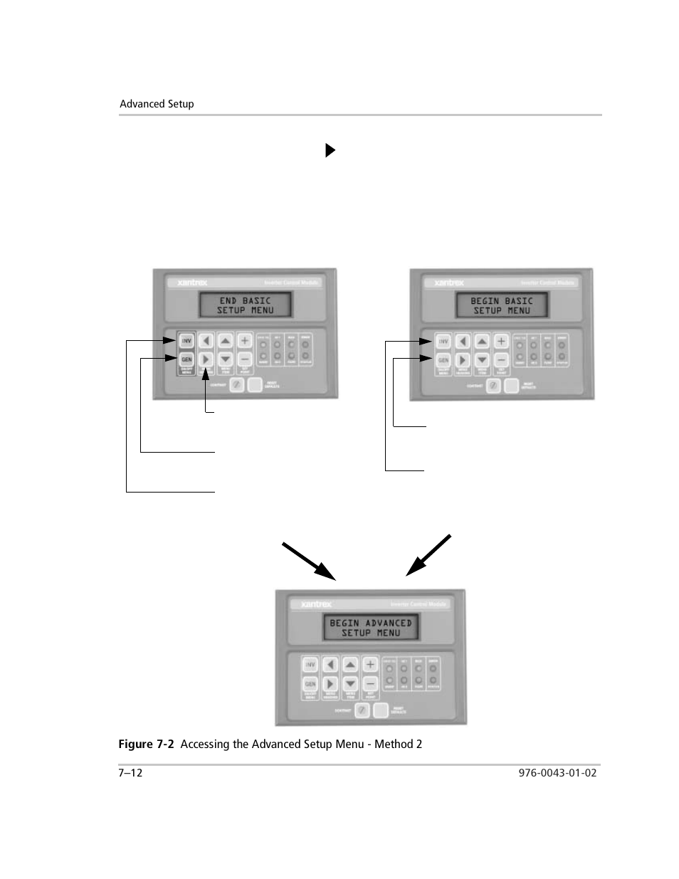 From here you can, either, Press and hold down the green gen button, Figure 7-2 | Accessing the advanced setup menu - method 2 –12 | Xantrex Technology SW Plus 4024 User Manual | Page 190 / 344