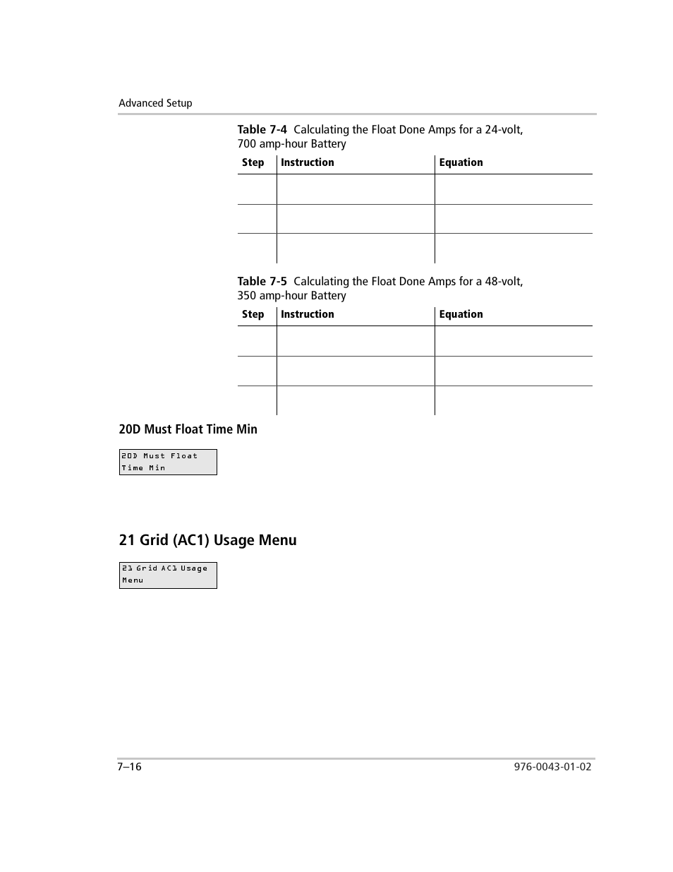 20d must float time min, 21 grid (ac1) usage menu, 20d must float time min –16 | 21 grid (ac1) usage menu –16, Table 7-4, Table 7-5 | Xantrex Technology SW Plus 4024 User Manual | Page 194 / 344