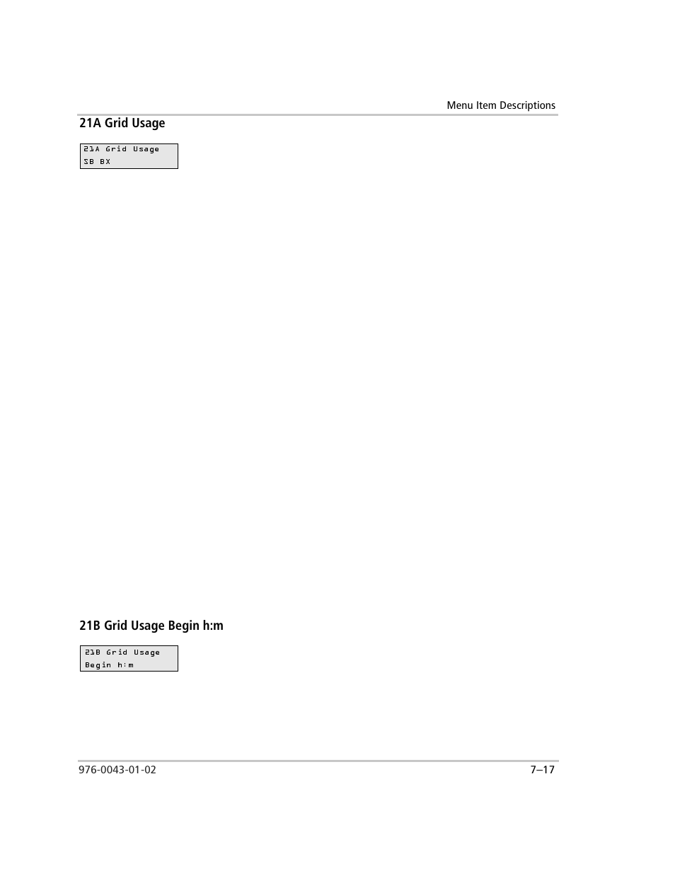 21a grid usage, Sb (standby) - utility backup, Bx (battery transfer) - renewable energy backup | 21b grid usage begin h:m, 21a grid usage –17 21b grid usage begin h:m –17 | Xantrex Technology SW Plus 4024 User Manual | Page 195 / 344