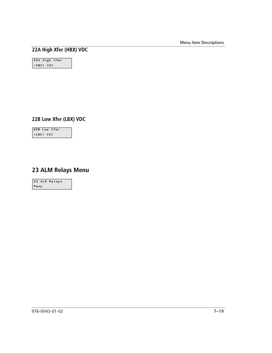 22a high xfer (hbx) vdc, 22b low xfer (lbx) vdc, 23 alm relays menu | Ry10, 23 alm relays menu –19 | Xantrex Technology SW Plus 4024 User Manual | Page 197 / 344