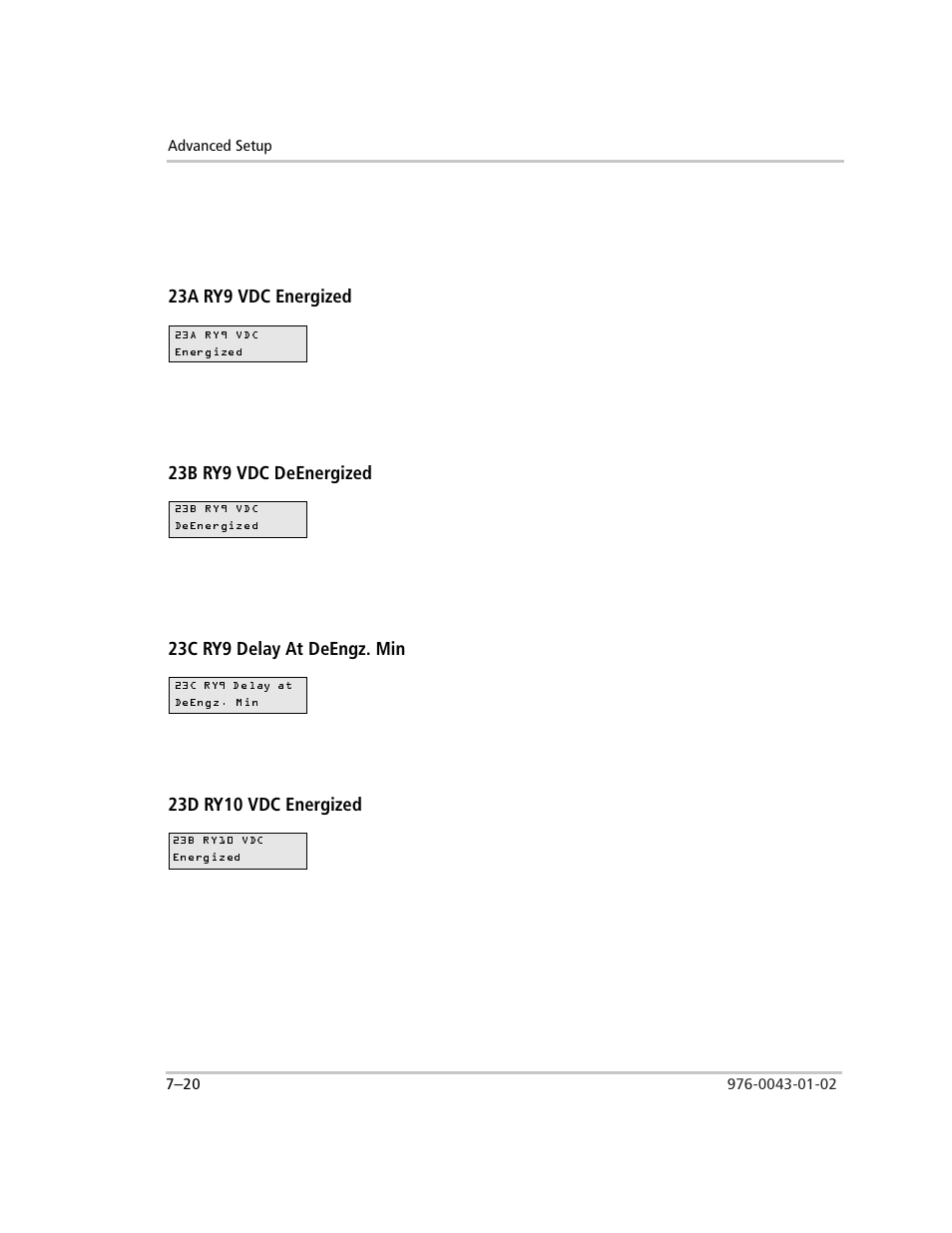 Ry11, 23a ry9 vdc energized, 23b ry9 vdc deenergized | 23c ry9 delay at deengz. min, 23d ry10 vdc energized | Xantrex Technology SW Plus 4024 User Manual | Page 198 / 344