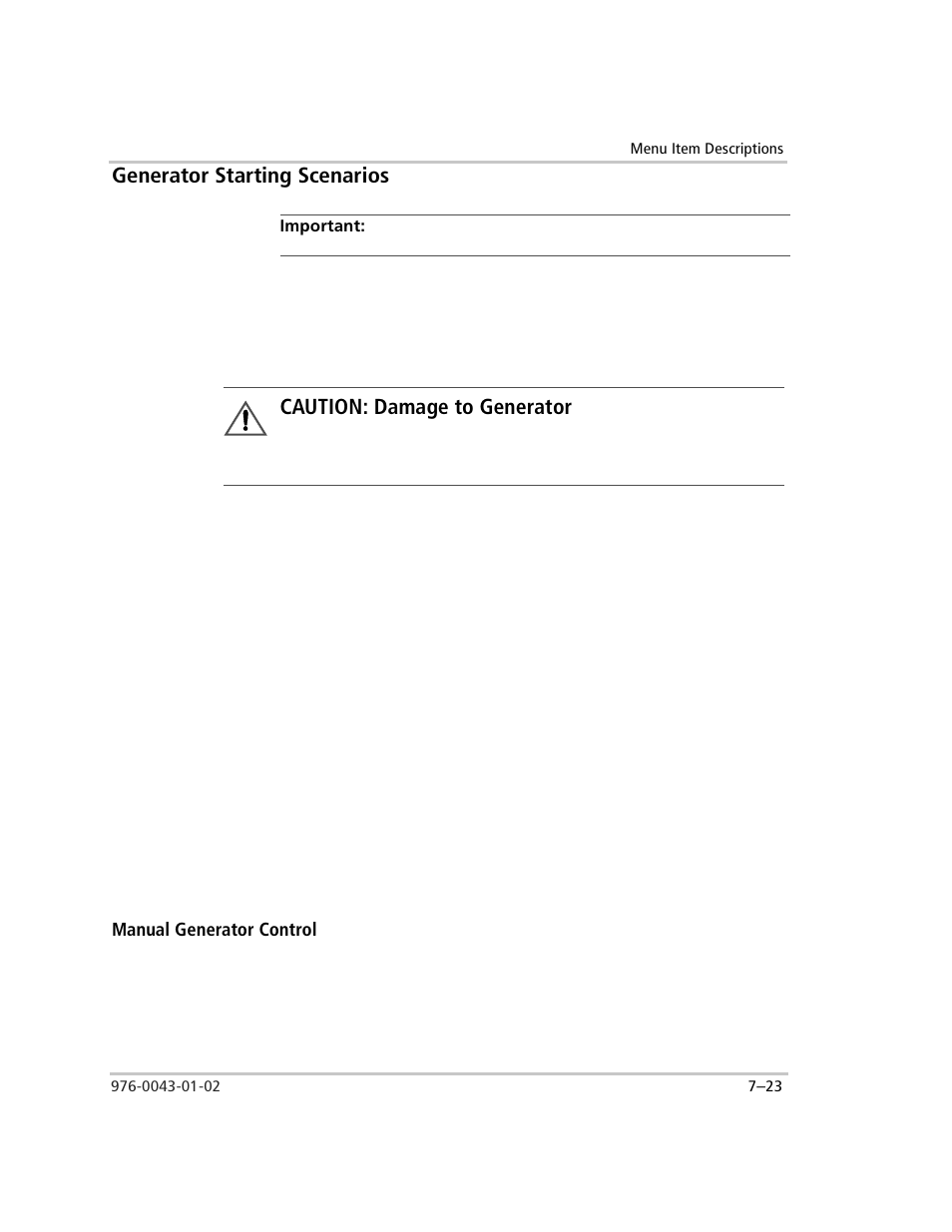 Generator starting scenarios, Important, Manual generator control | Generator starting scenarios –23, Manual generator control –23, Caution: damage to generator | Xantrex Technology SW Plus 4024 User Manual | Page 201 / 344