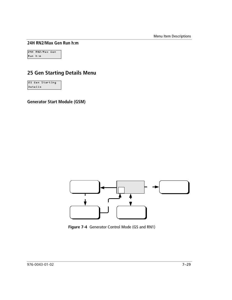 24h rn2/max gen run h:m, 25 gen starting details menu, Generator start module (gsm) | Figure 7-4 generator control mode (gs and rn1), 24h rn2/max gen run h:m –29, 25 gen starting details menu –29, Generator start module (gsm) –29, Figure 7-4, Generator control mode (gs and rn1) –29 | Xantrex Technology SW Plus 4024 User Manual | Page 207 / 344