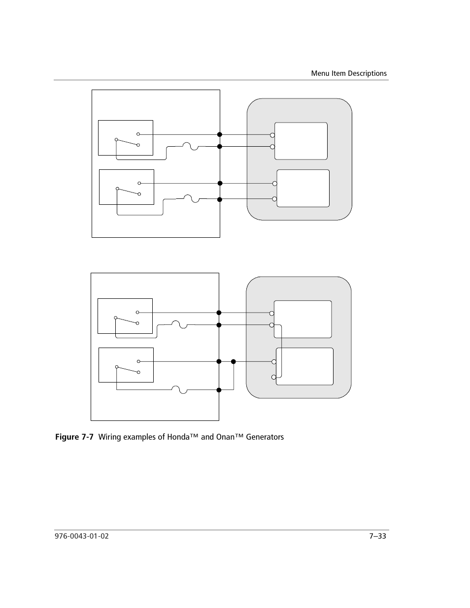 Figure 7-7, Wiring examples of honda™ and onan™ generators –33 | Xantrex Technology SW Plus 4024 User Manual | Page 211 / 344