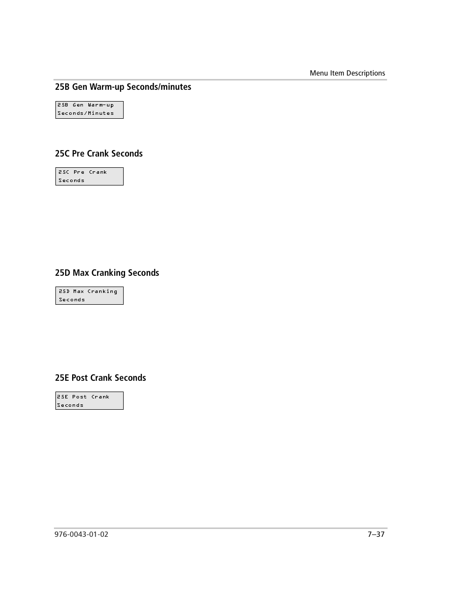 25b gen warm-up seconds/minutes, 25c pre crank seconds, 25d max cranking seconds | 25e post crank seconds | Xantrex Technology SW Plus 4024 User Manual | Page 215 / 344