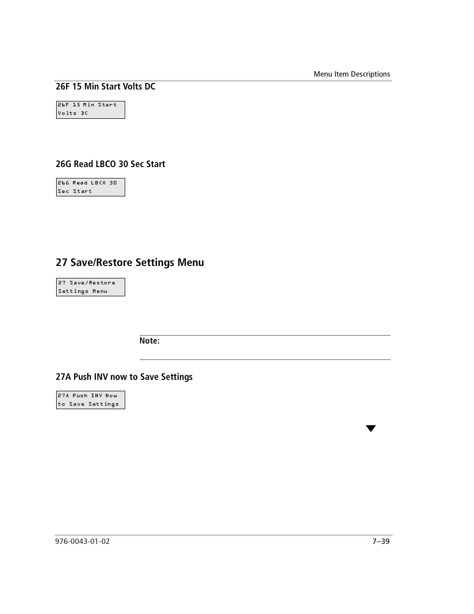 26f 15 min start volts dc, 26g read lbco 30 sec start, 27 save/restore settings menu | 27a push inv now to save settings, To save settings, Press the red inv button to save the settings, 27 save/restore settings menu –39, 27a push inv now to save settings –39 | Xantrex Technology SW Plus 4024 User Manual | Page 217 / 344