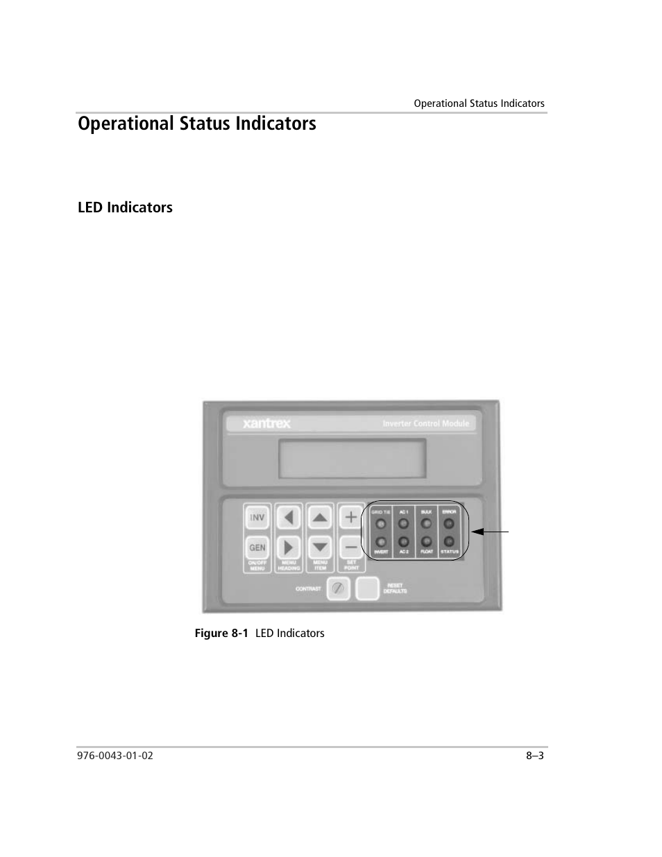 Operational status indicators, Led indicators, Figure 8-1 led indicators | Operational status indicators –3, Led indicators –3, Figure 8-1 | Xantrex Technology SW Plus 4024 User Manual | Page 221 / 344