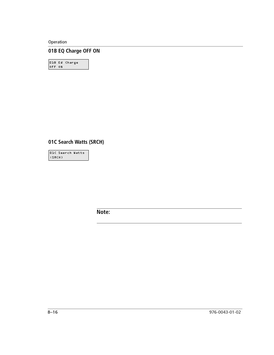 01b eq charge off on, 01c search watts (srch), Note | Xantrex Technology SW Plus 4024 User Manual | Page 234 / 344
