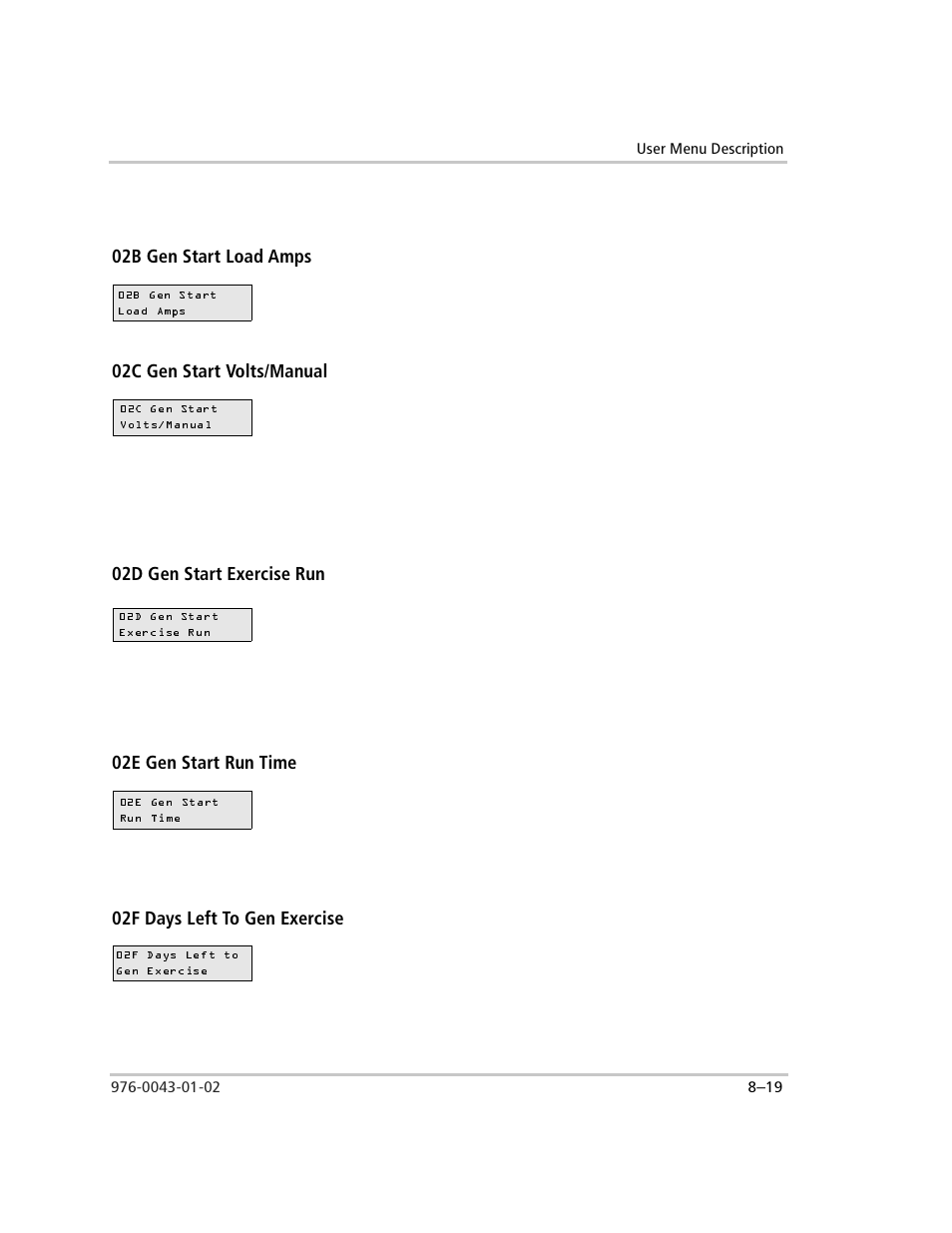 02b gen start load amps, 02c gen start volts/manual, 02d gen start exercise run | 02e gen start run time, 02f days left to gen exercise | Xantrex Technology SW Plus 4024 User Manual | Page 237 / 344